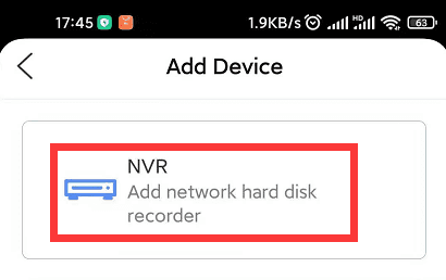 Pantalla Añadir dispositivo con la opción NVR resaltada