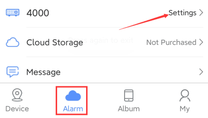 Pestaña Alarma mostrando la entrada de Ajustes del dispositivo