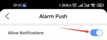 Pantalla de notificaciones de alarma con el interruptor Permitir notificaciones activado