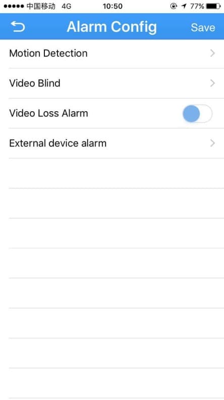 Alarmeinstellungen mit Bewegungserkennung, Kameraverdeckung, Videoverlust-Alarm und Alarm externer Geräte