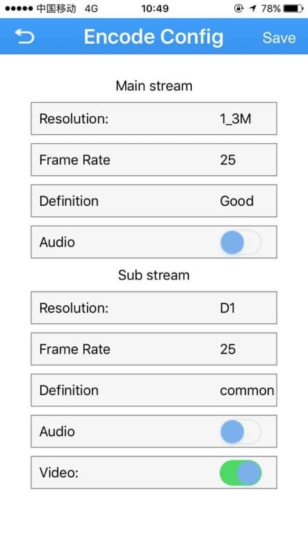 Kodierungseinstellungen mit Parametern für Hauptstream und Substream