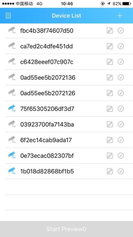 XMEye Geräteliste unter iOS mit der Schaltfläche Vorschau starten