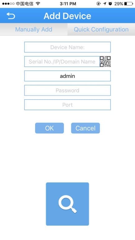 デバイス名、シリアル番号/IP/ドメイン名、admin、パスワード、ポートの入力欄を備えた手動追加タブ