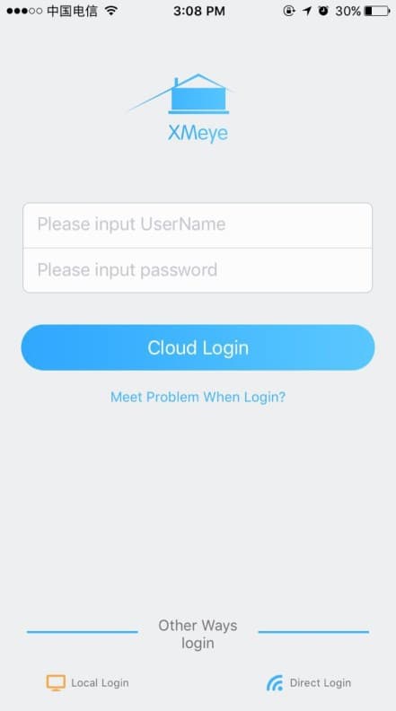 ユーザー名とパスワードの入力欄、クラウドログインボタン、ローカルログイン/ダイレクトログインのオプションを備えた XMEye のログイン画面