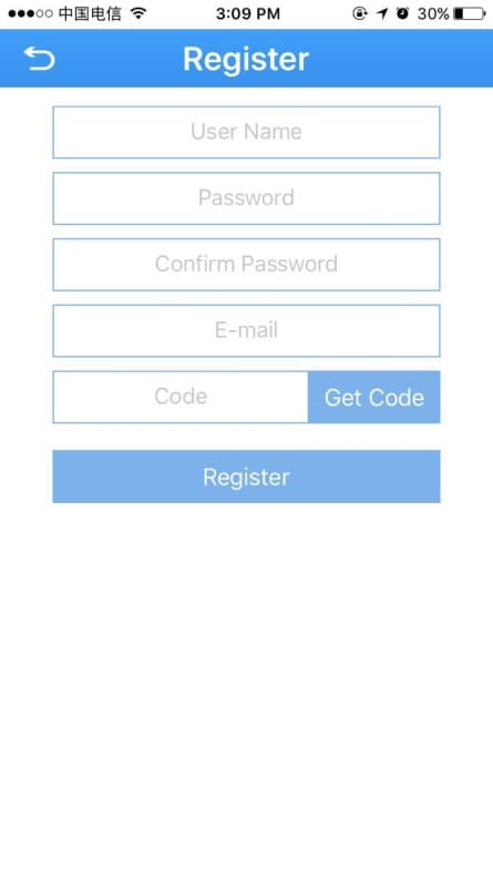 ユーザー名、パスワード、パスワードの確認、メールアドレス、コードの入力欄を備えた登録画面