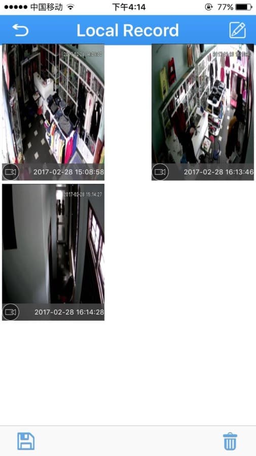本地录像列表,包含视频缩略图以及编辑、保存和删除按钮