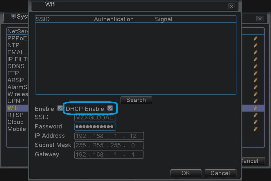 หน้าจอตั้งค่า Wifi ของเครื่องบันทึก พร้อมตัวเลือกเปิดใช้งานและเปิดใช้งาน DHCP